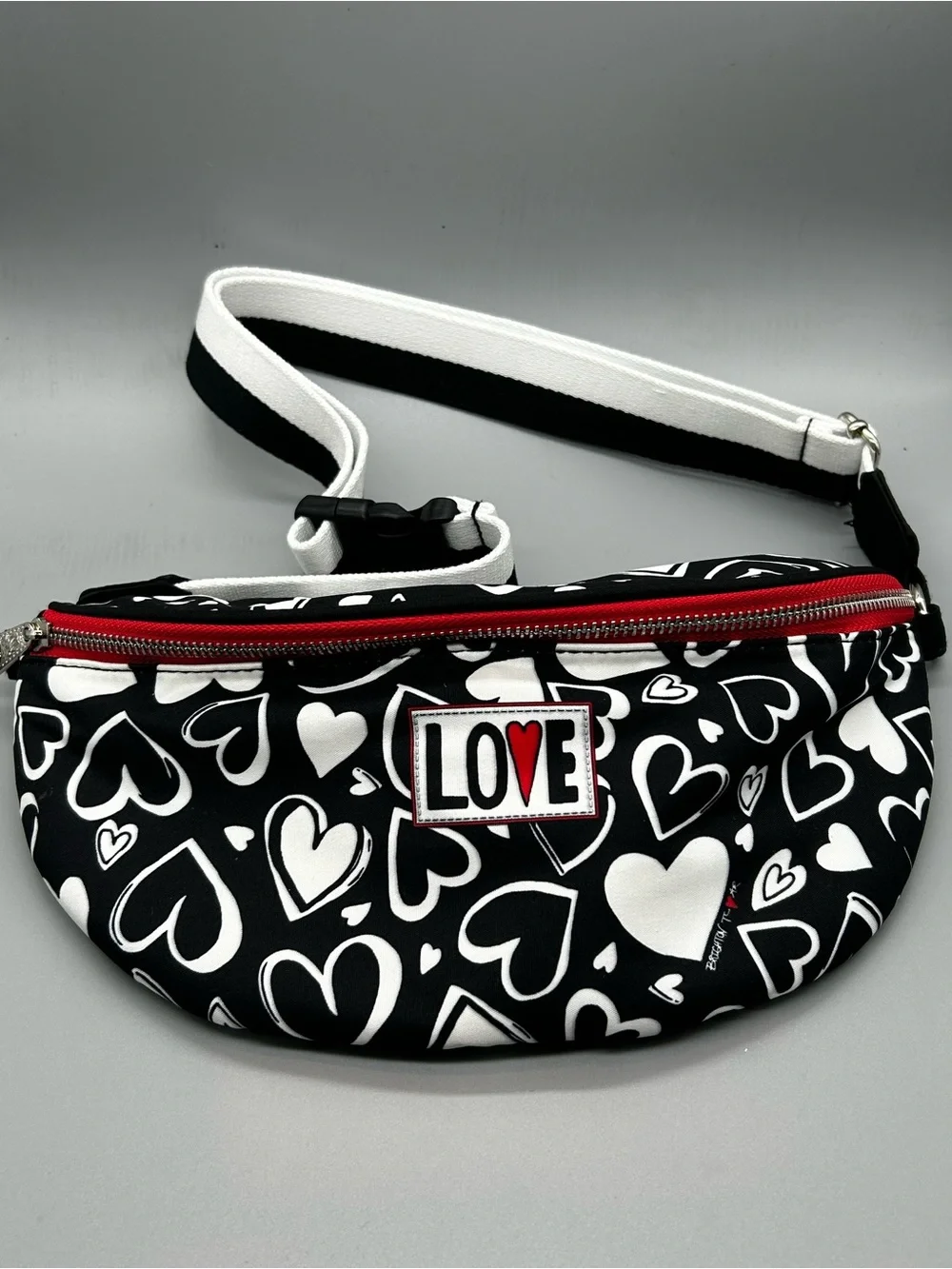 Brighton Black & White Heart-Print Crossbody with Red Zipper